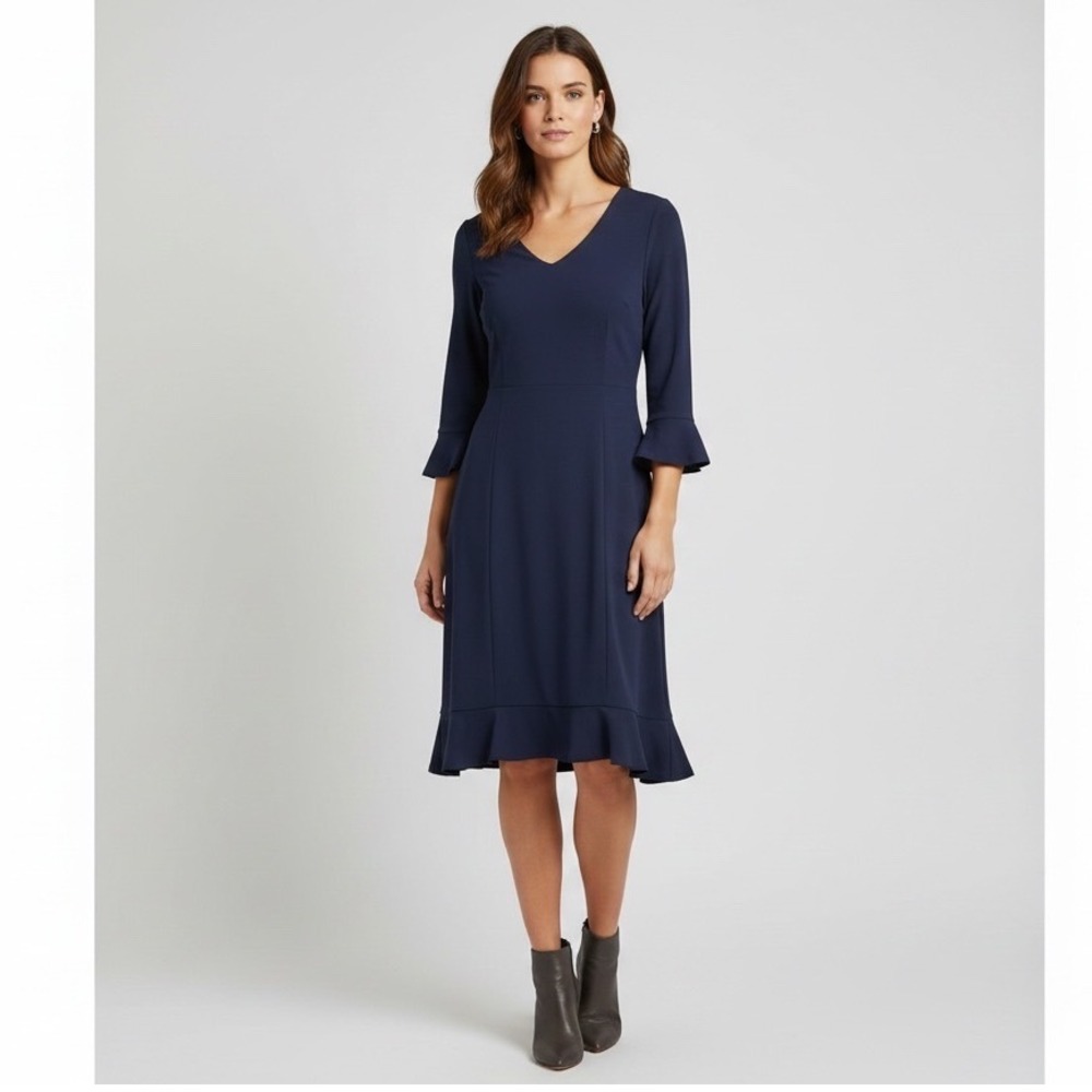Talbots Sheath Dress Size 8 Navy Blue Ruffle‎ Hem Sleeve Preppy Classic Office